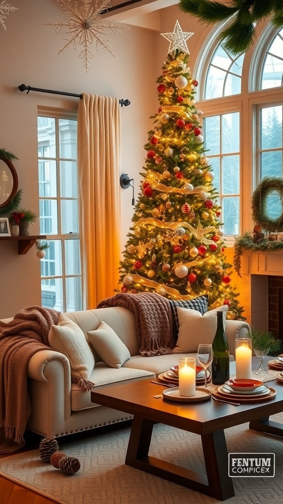 Aesthetic Christmas living room with a decorated tree, cozy sofa, and festive table setting.